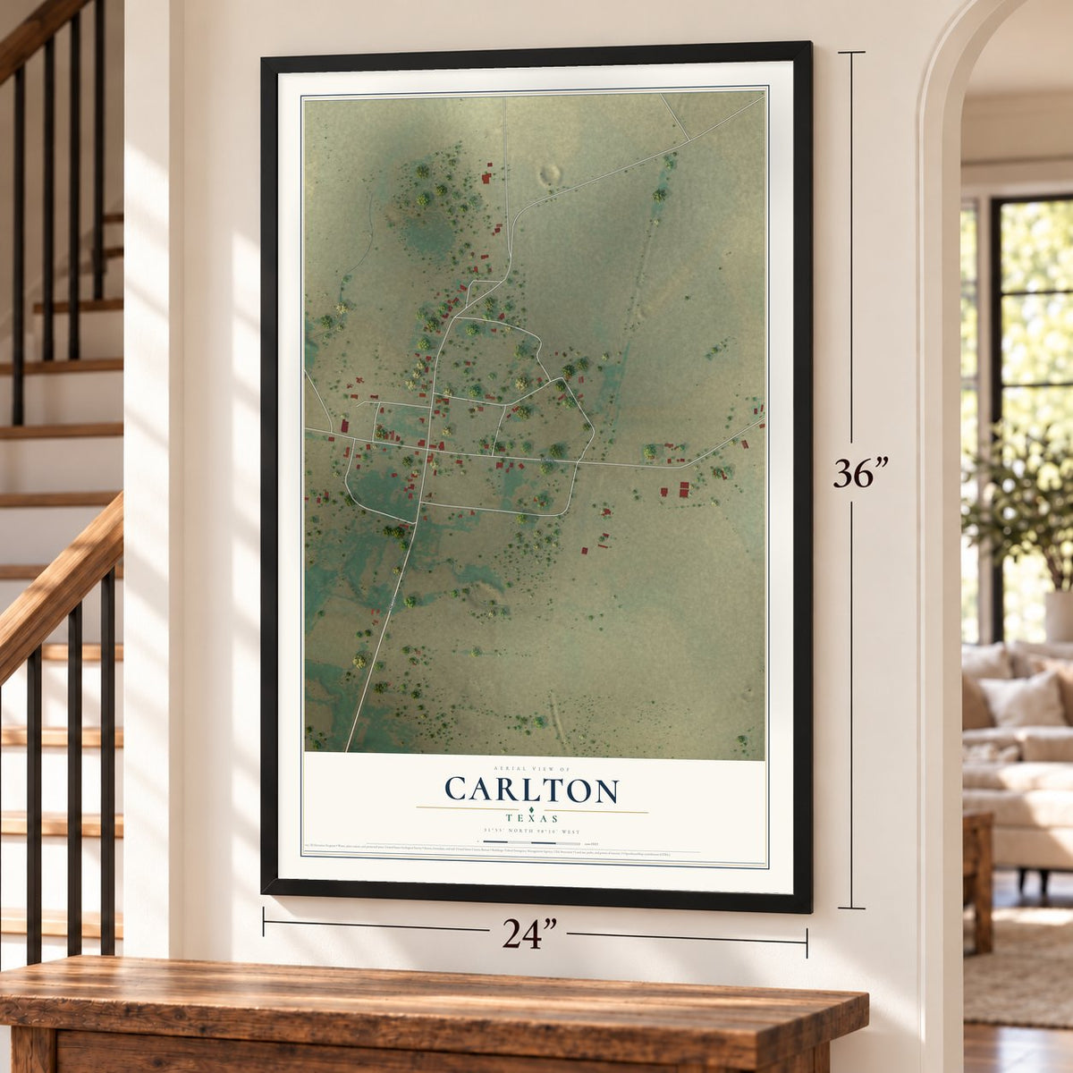 Carlton, Texas map, 24 x 36 inch print in a black frame by a staircase