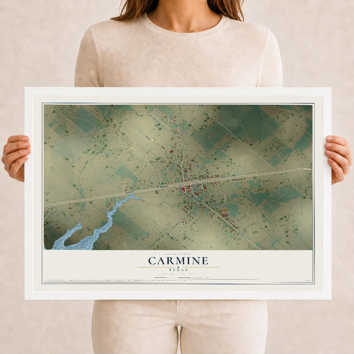 Map of Carmine, Texas, 12 x 18 inch print in a white wood frame