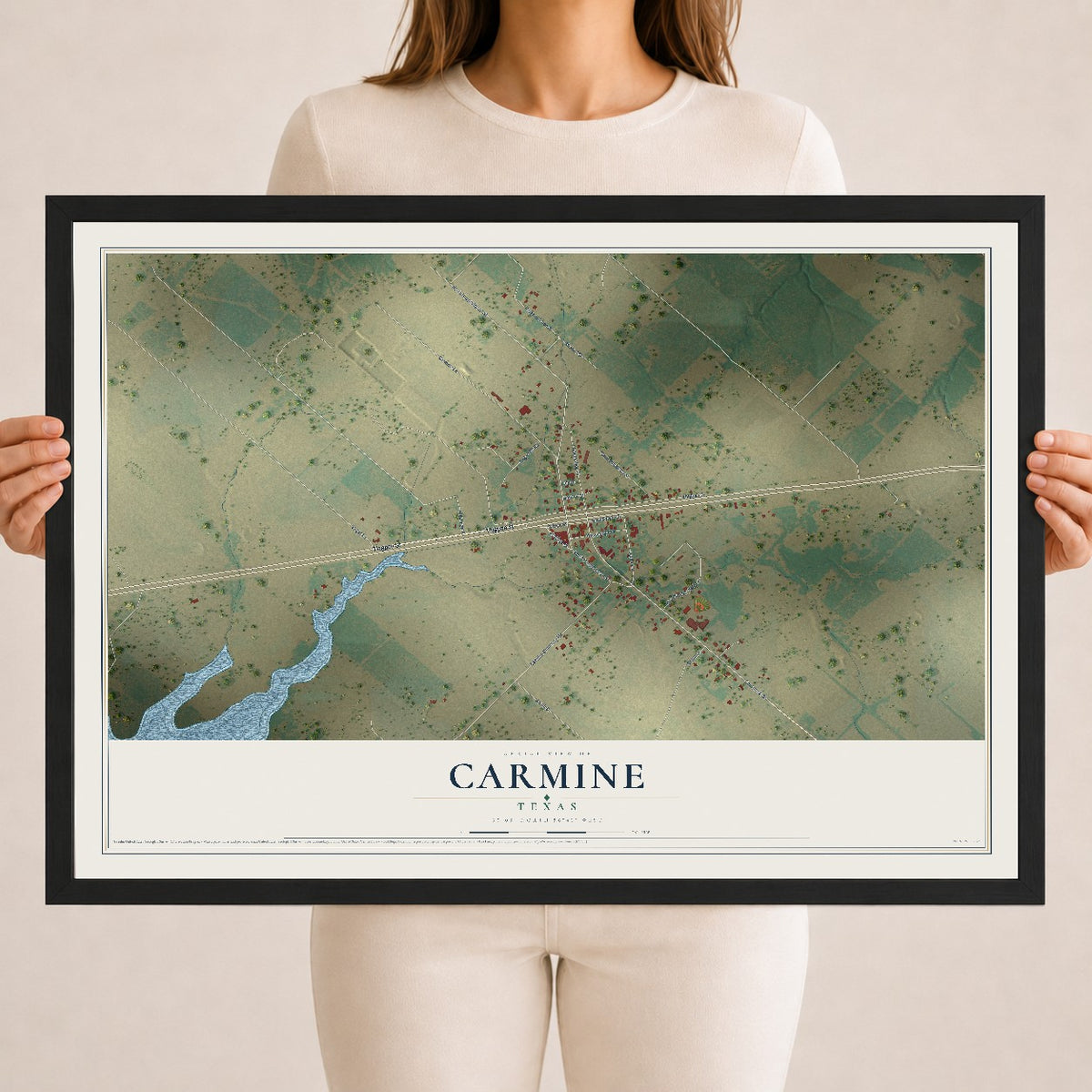 Map of Carmine, Texas, 18 x 24 inch print in a black wood frame