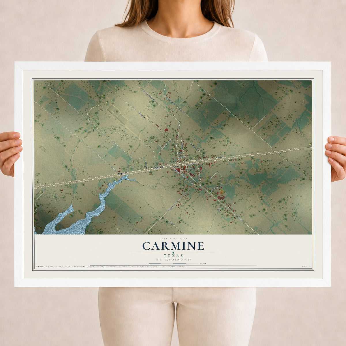 Map of Carmine, Texas, 18 x 24 inch print in a white wood frame