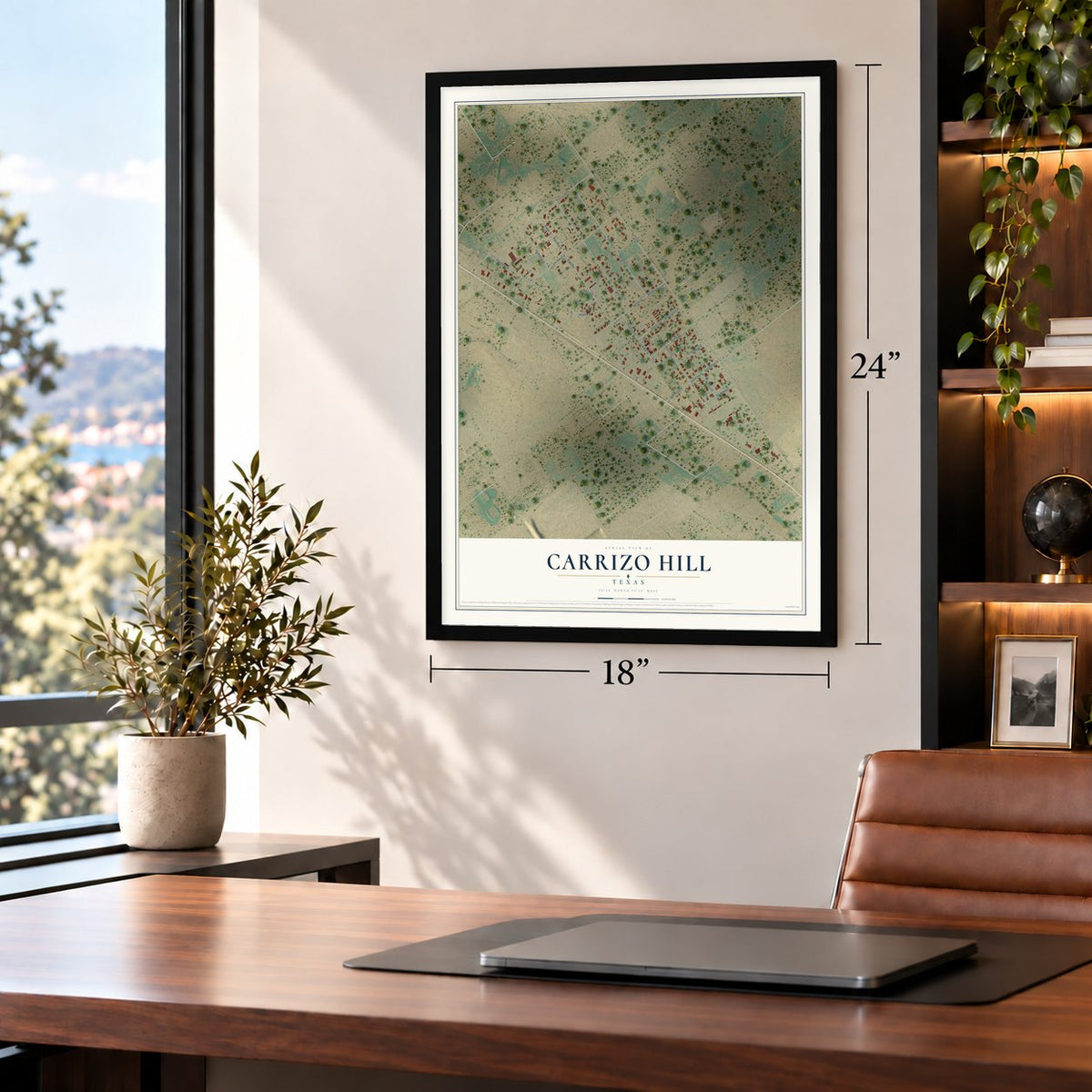 Carrizo Hill, Texas map, 18 x 24 inch print in a black frame in a home office