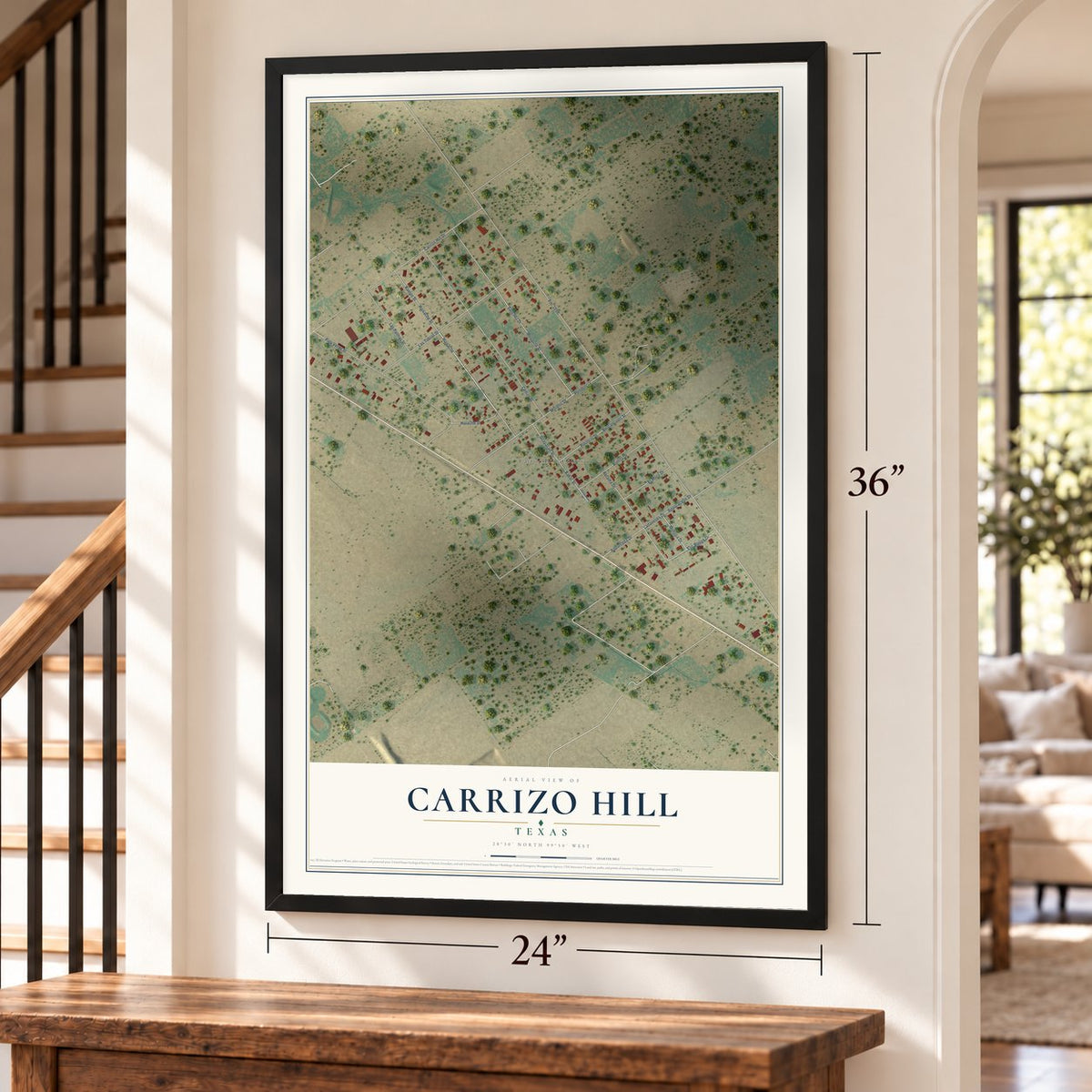 Carrizo Hill, Texas map, 24 x 36 inch print in a black frame by a staircase