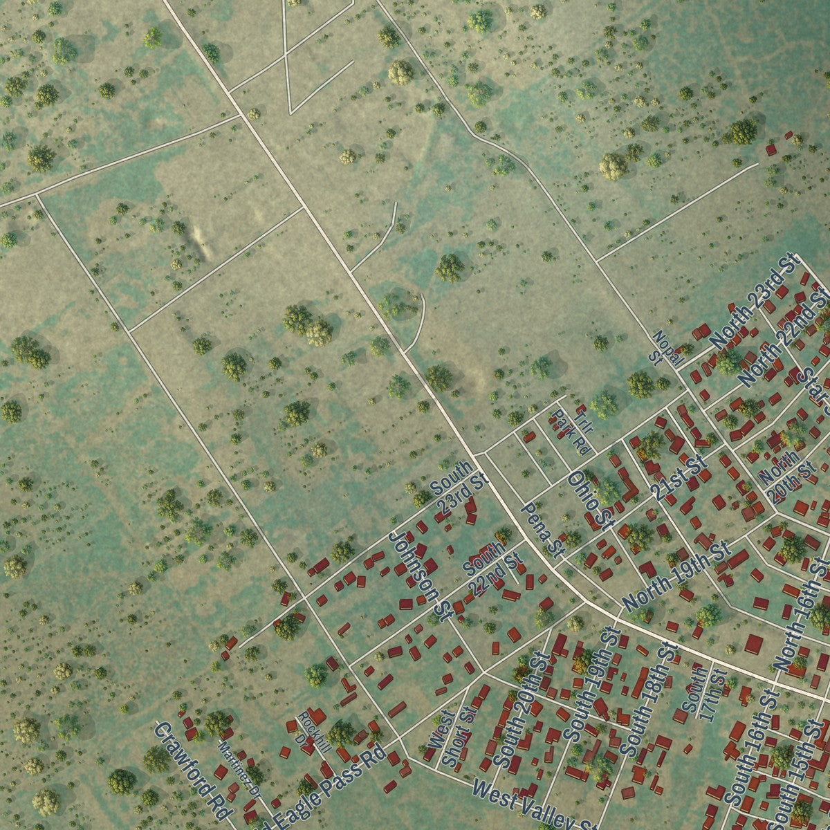 Second close-up of the map of Carrizo Springs, Texas print showing more streets and buildings