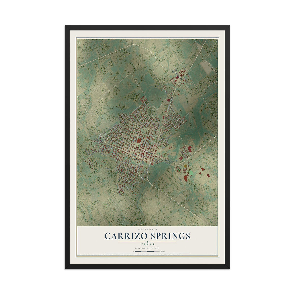 Map of Carrizo Springs, Texas, 12 x 18 inch print in a black wood frame