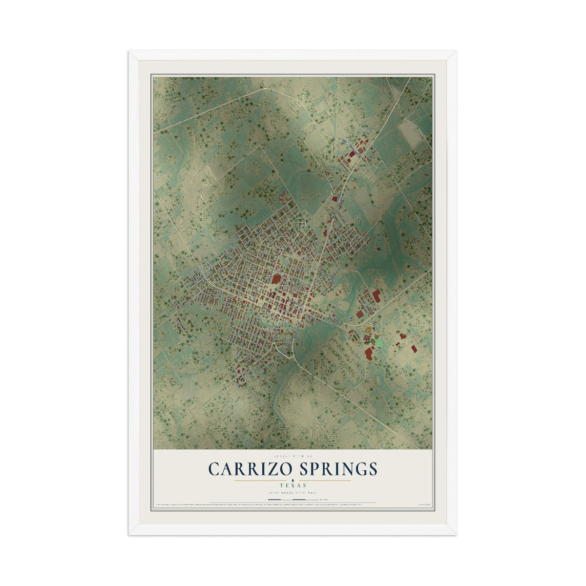Map of Carrizo Springs, Texas, 12 x 18 inch print in a white wood frame