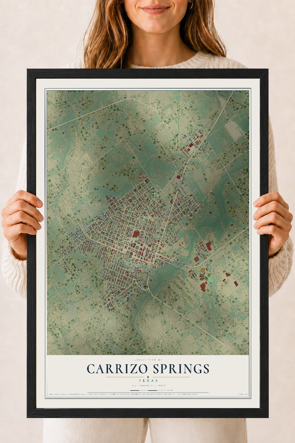 Map of Carrizo Springs, Texas, 18 x 24 inch print in a black wood frame