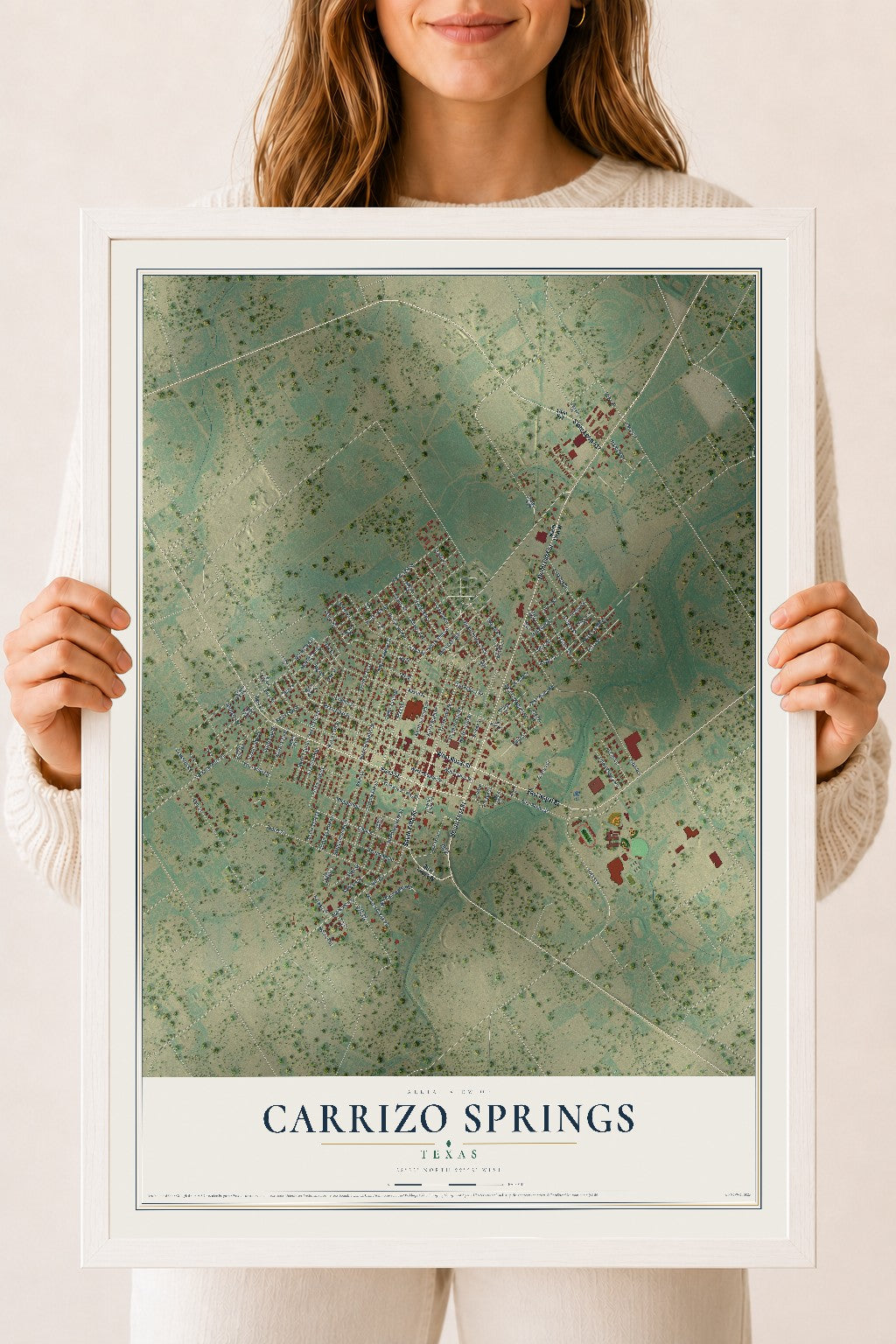 Map of Carrizo Springs, Texas, 18 x 24 inch print in a white wood frame