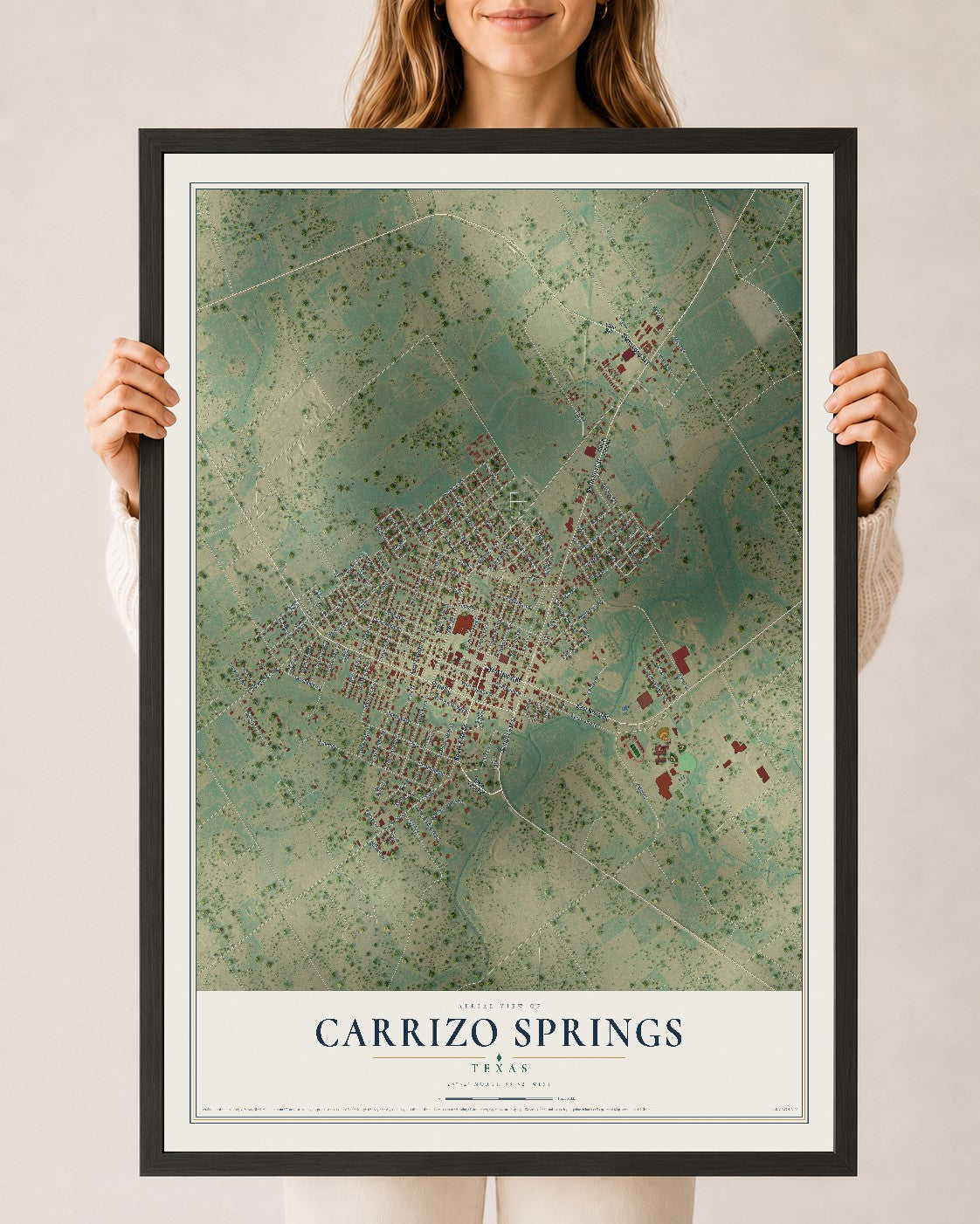 Map of Carrizo Springs, Texas, 24 x 36 inch print in a black wood frame