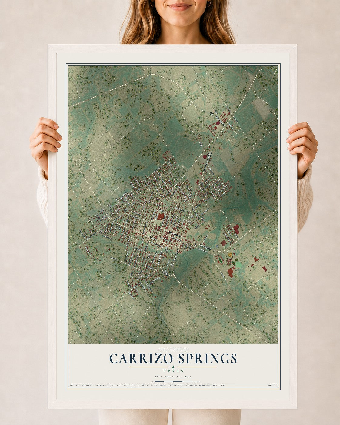 Map of Carrizo Springs, Texas, 24 x 36 inch print in a white wood frame