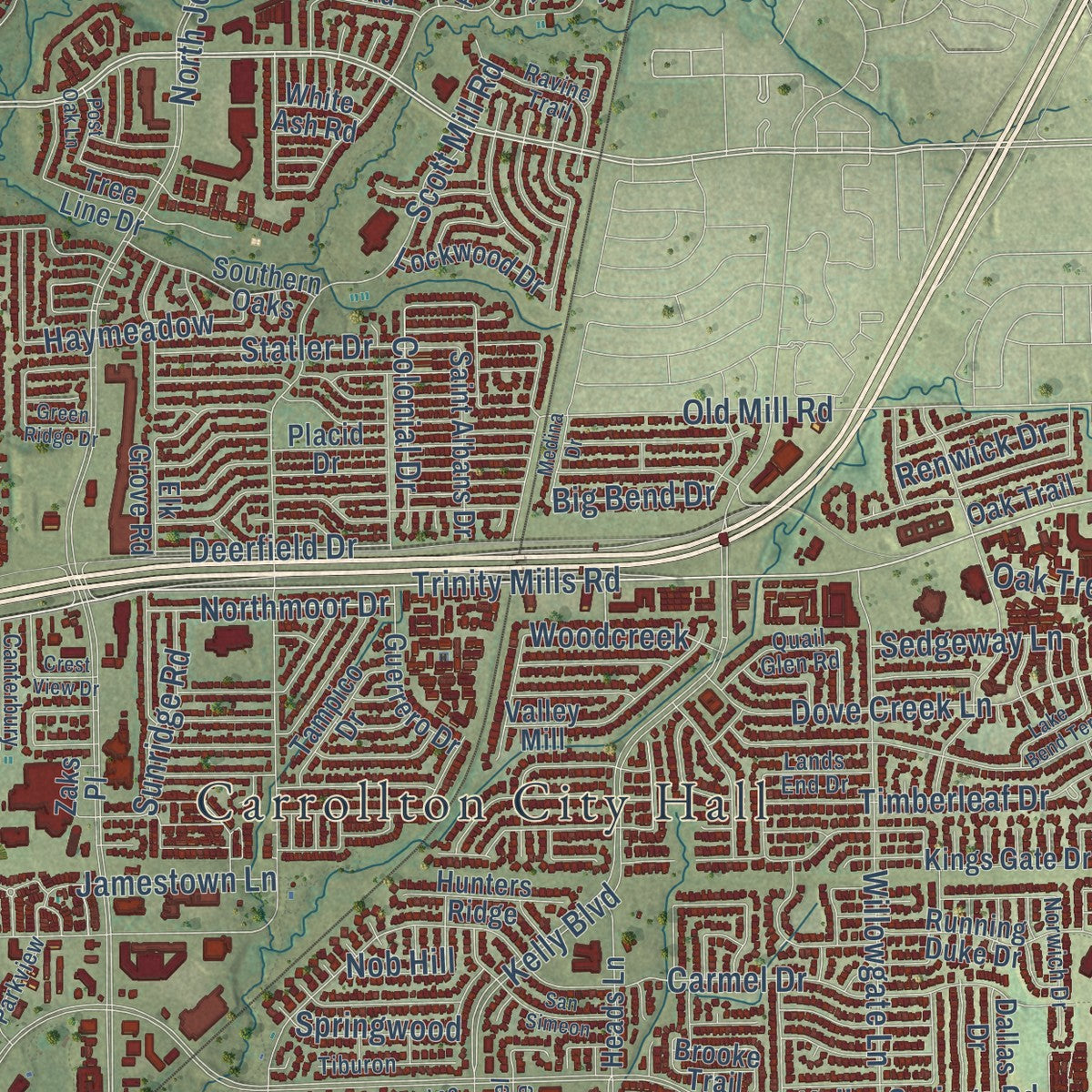 Second close-up of the map of Carrollton, Texas print showing more streets and buildings