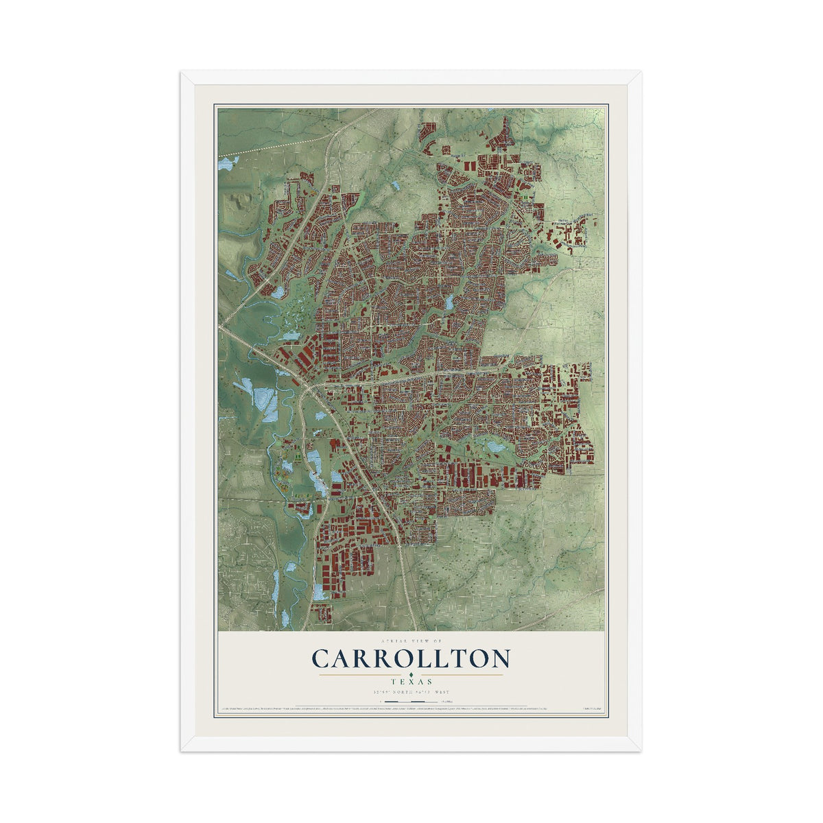 Map of Carrollton, Texas, 12 x 18 inch print in a white wood frame