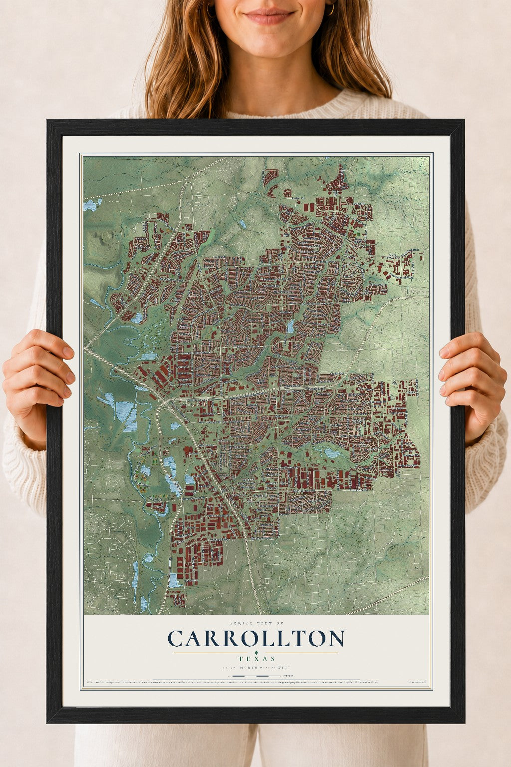 Map of Carrollton, Texas, 18 x 24 inch print in a black wood frame