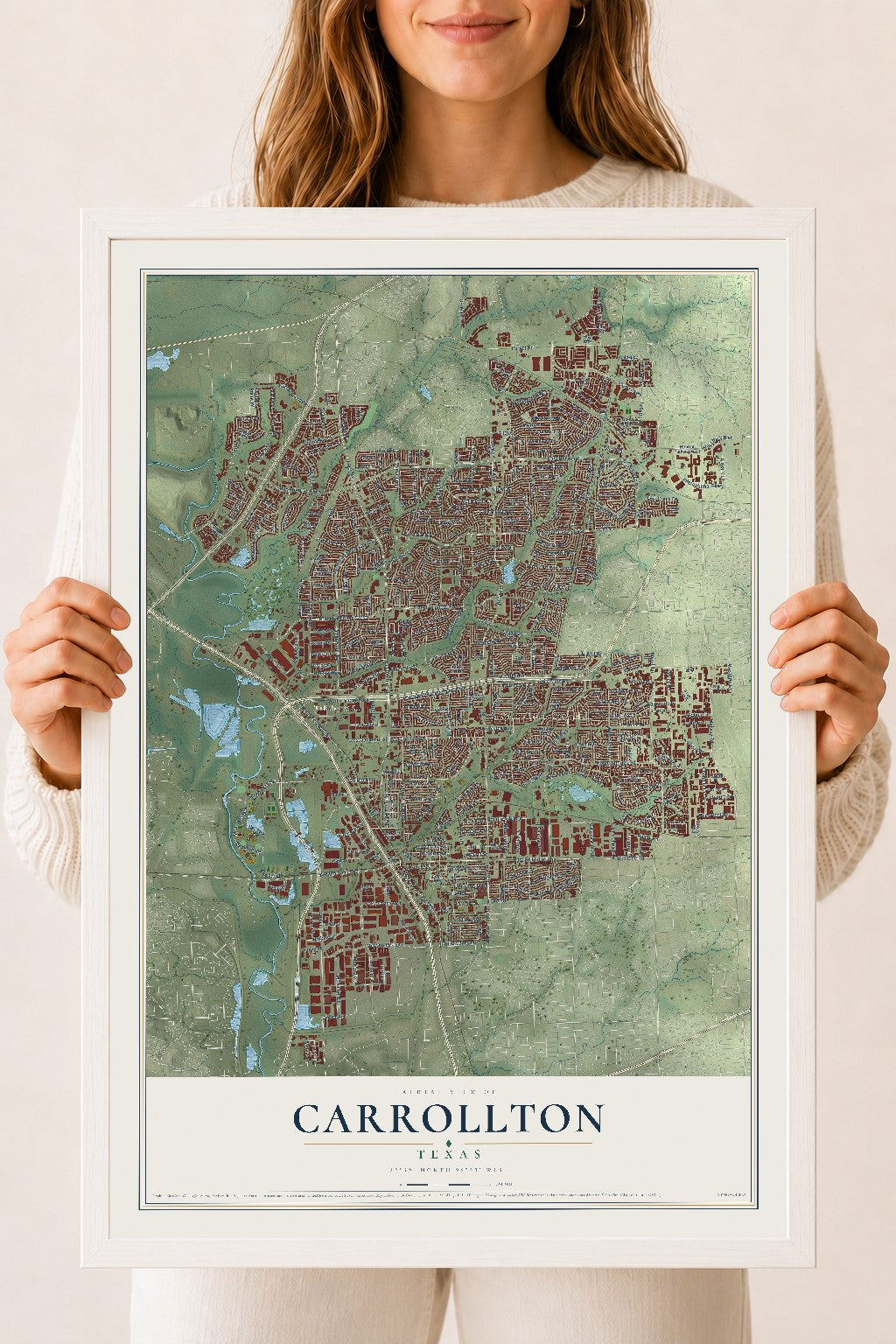 Map of Carrollton, Texas, 18 x 24 inch print in a white wood frame
