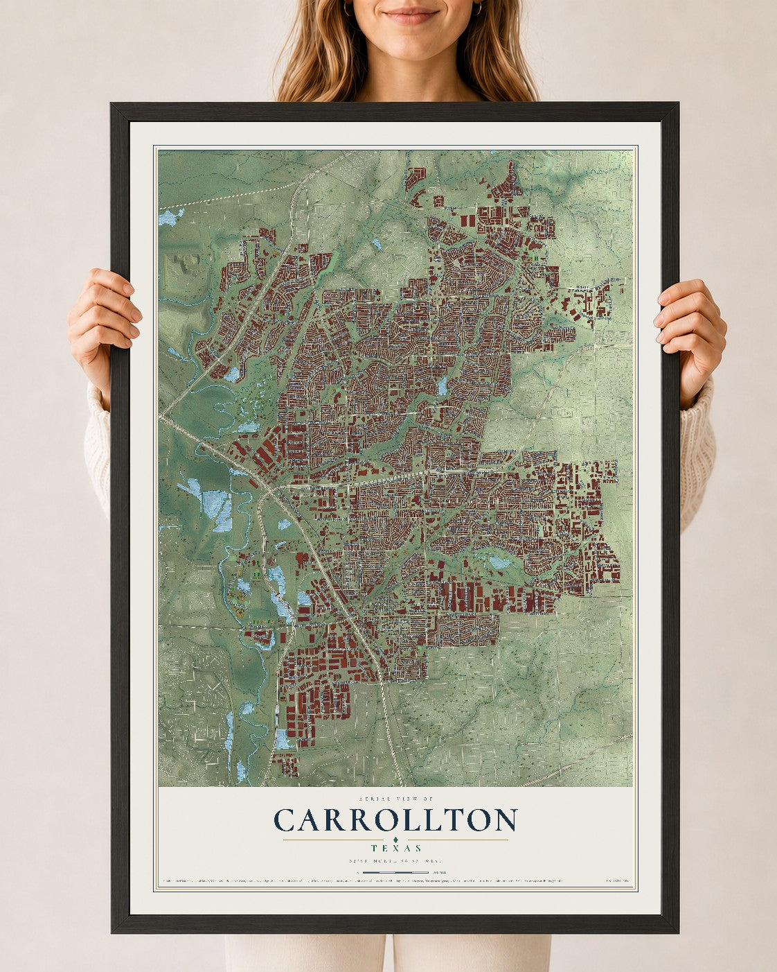 Map of Carrollton, Texas, 24 x 36 inch print in a black wood frame