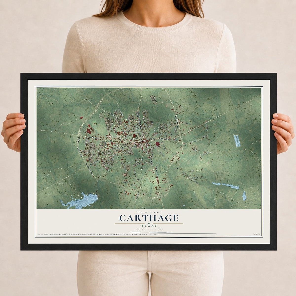 Map of Carthage, Texas, 12 x 18 inch print in a black wood frame