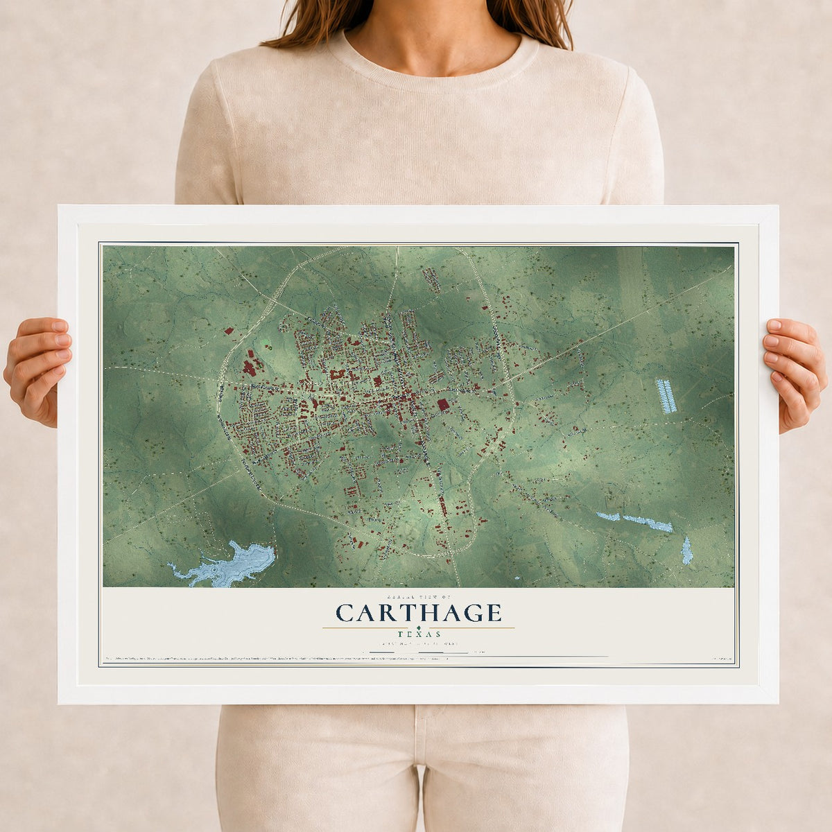 Map of Carthage, Texas, 12 x 18 inch print in a white wood frame