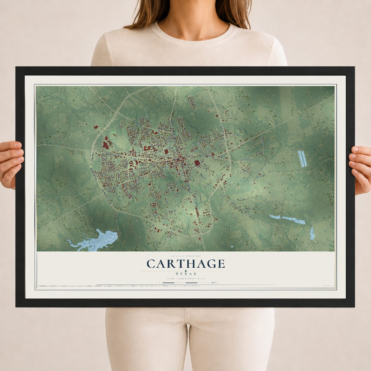 Map of Carthage, Texas, 18 x 24 inch print in a black wood frame