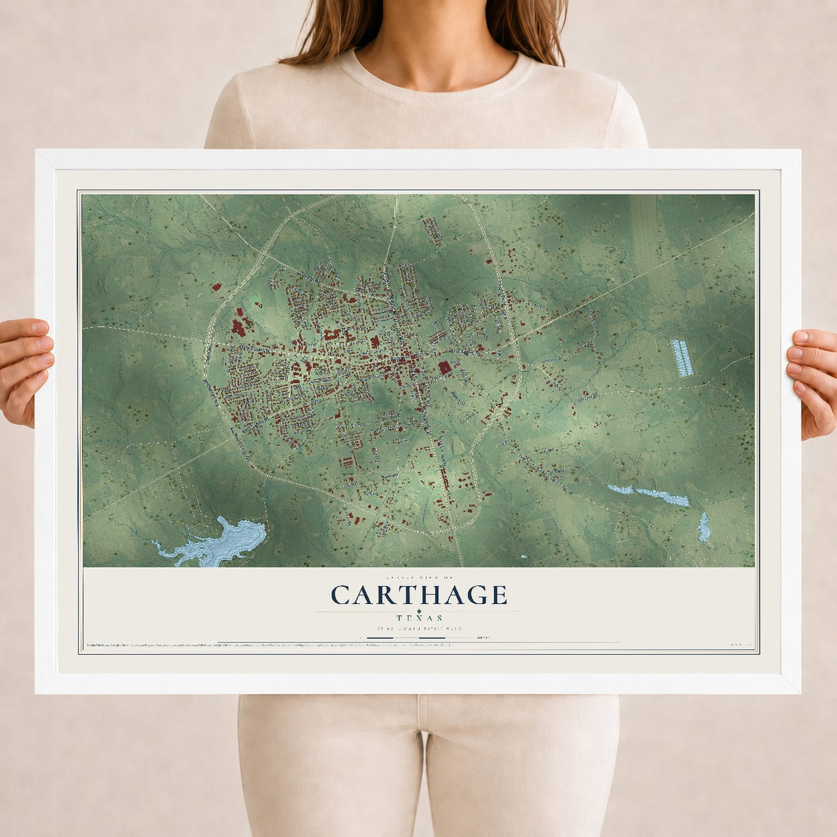 Map of Carthage, Texas, 18 x 24 inch print in a white wood frame