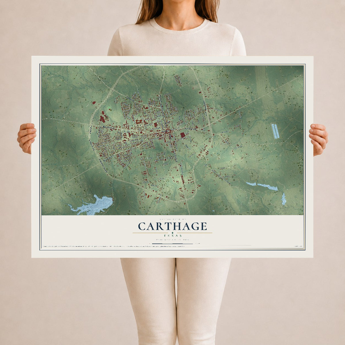 Map of Carthage, Texas, 24 x 36 inch unframed archival matte print