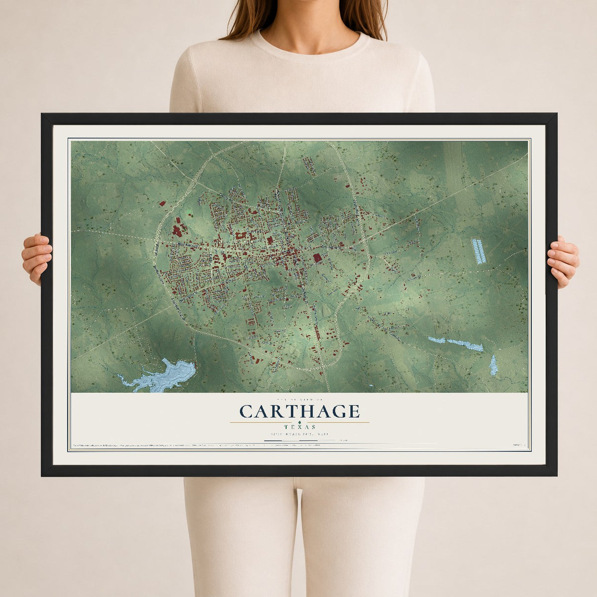 Map of Carthage, Texas, 24 x 36 inch print in a black wood frame
