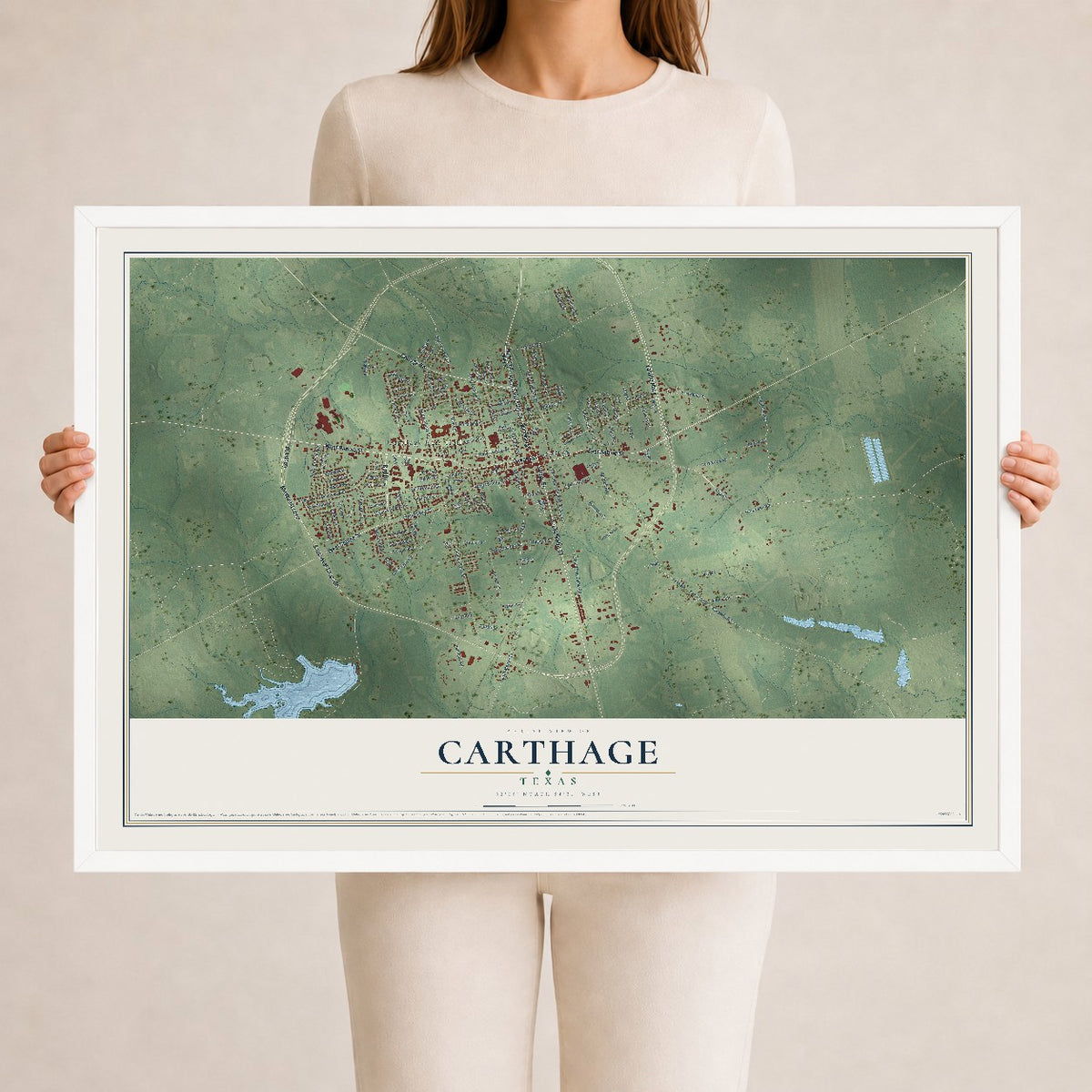 Map of Carthage, Texas, 24 x 36 inch print in a white wood frame