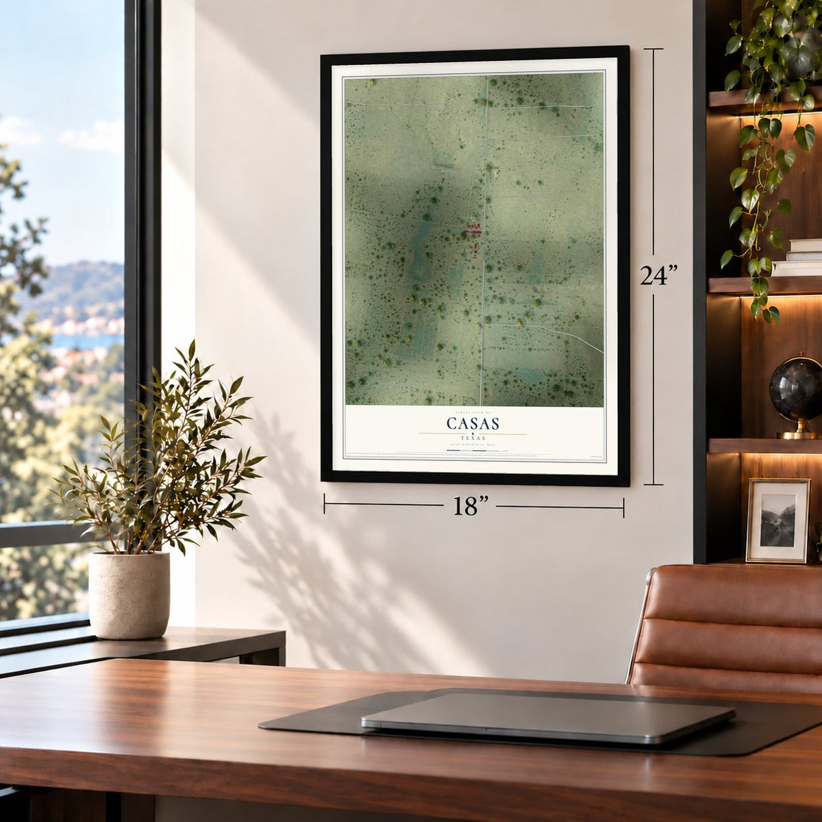 Casas, Texas map, 18 x 24 inch print in a black frame in a home office