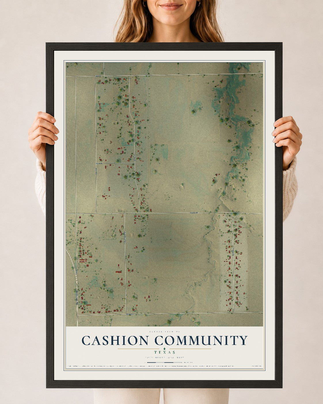 Map of Cashion Community, Texas, 24 x 36 inch print in a black wood frame