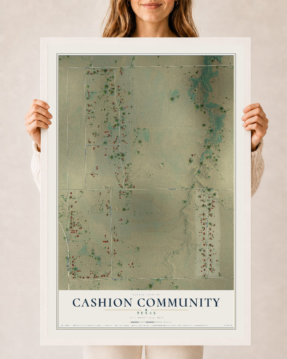Map of Cashion Community, Texas, 24 x 36 inch print in a white wood frame