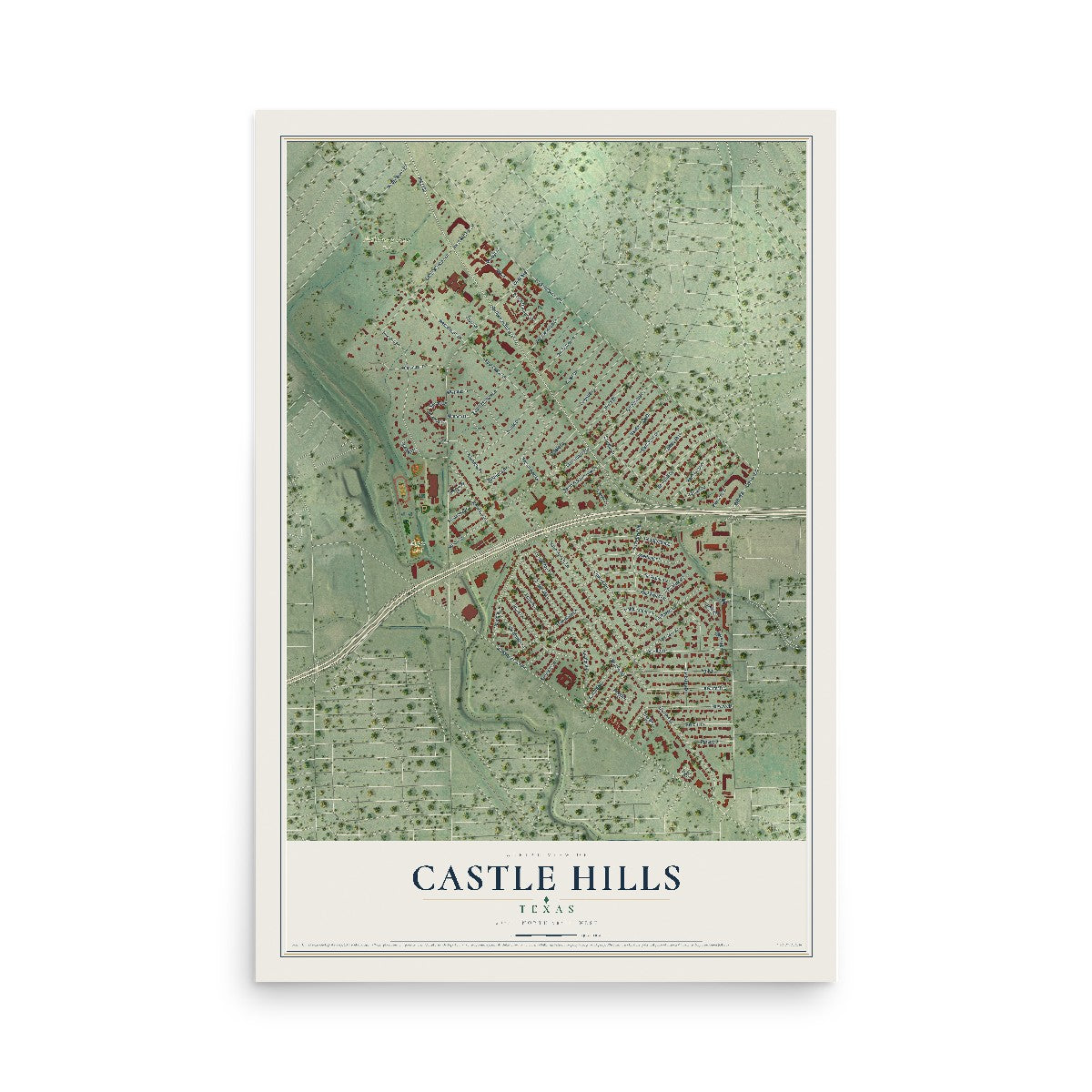 Map of Castle Hills, Texas, 12 x 18 inch unframed archival matte print