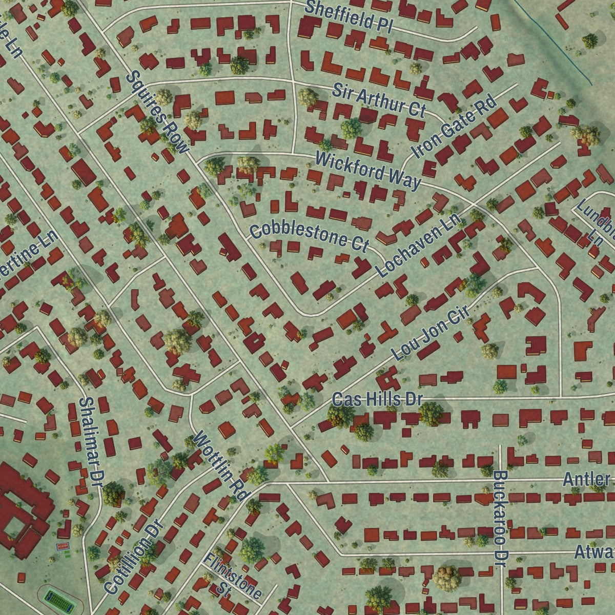 Close-up of the map of Castle Hills, Texas print showing street and building detail