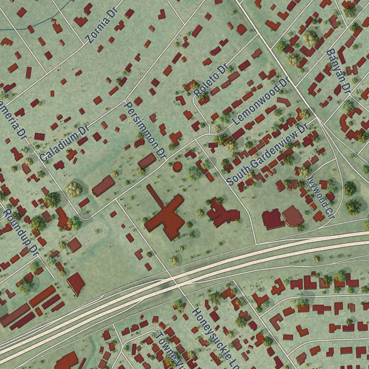 Second close-up of the map of Castle Hills, Texas print showing more streets and buildings