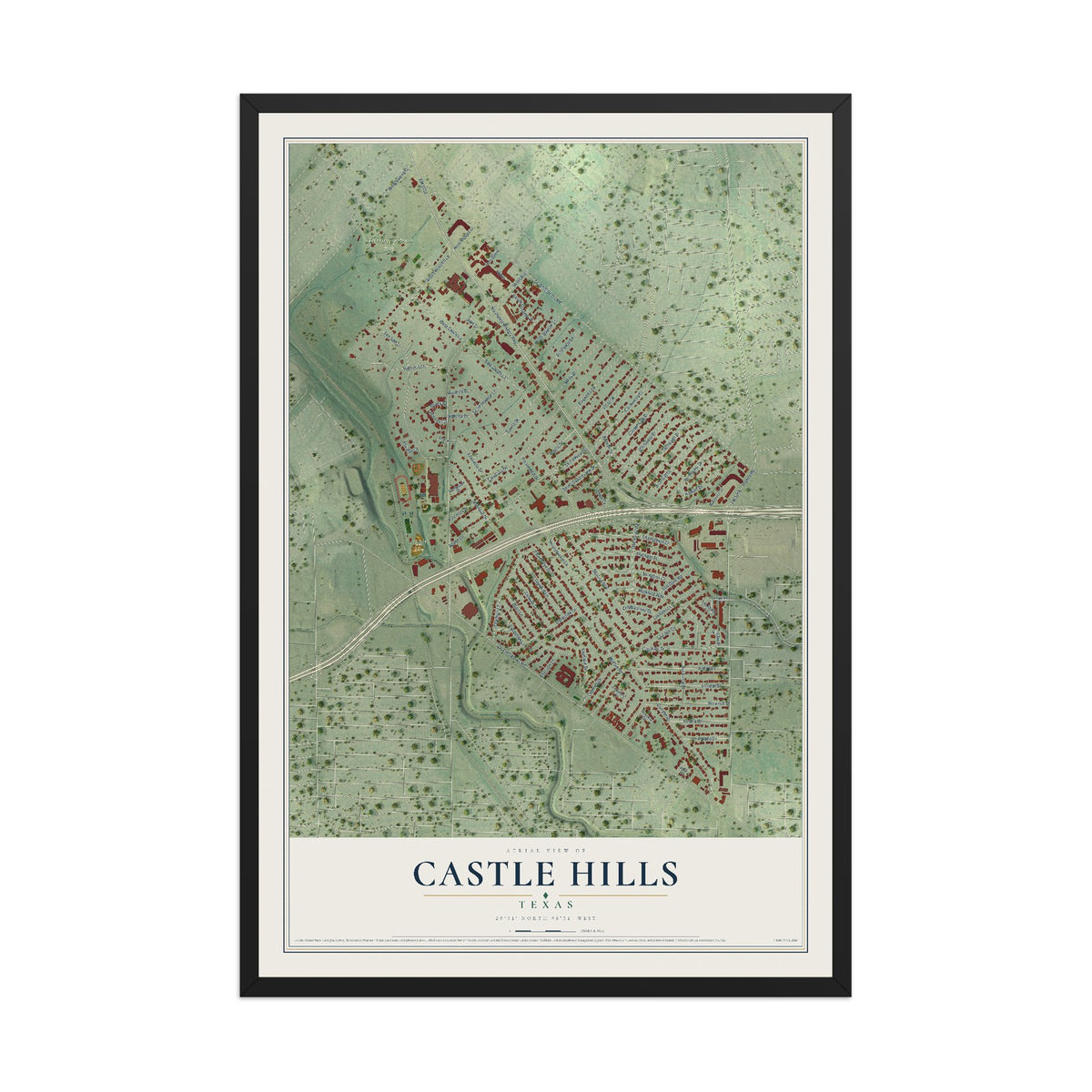 Map of Castle Hills, Texas, 12 x 18 inch print in a black wood frame