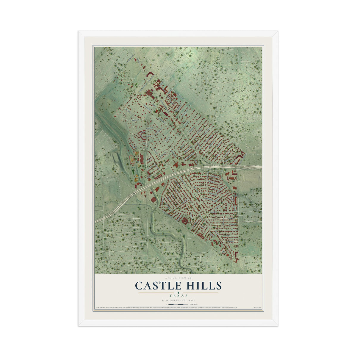 Map of Castle Hills, Texas, 12 x 18 inch print in a white wood frame