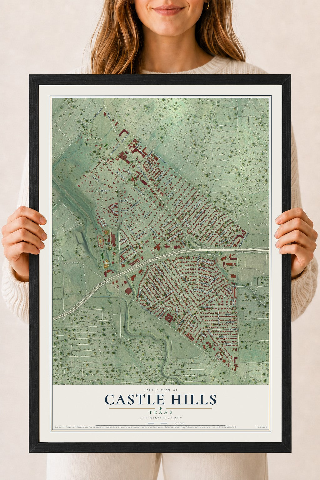 Map of Castle Hills, Texas, 18 x 24 inch print in a black wood frame