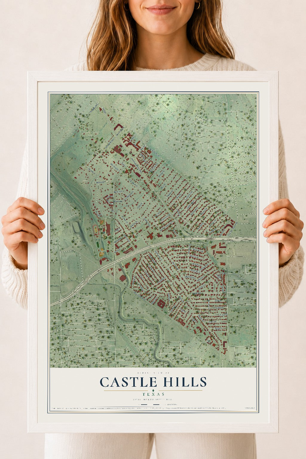 Map of Castle Hills, Texas, 18 x 24 inch print in a white wood frame