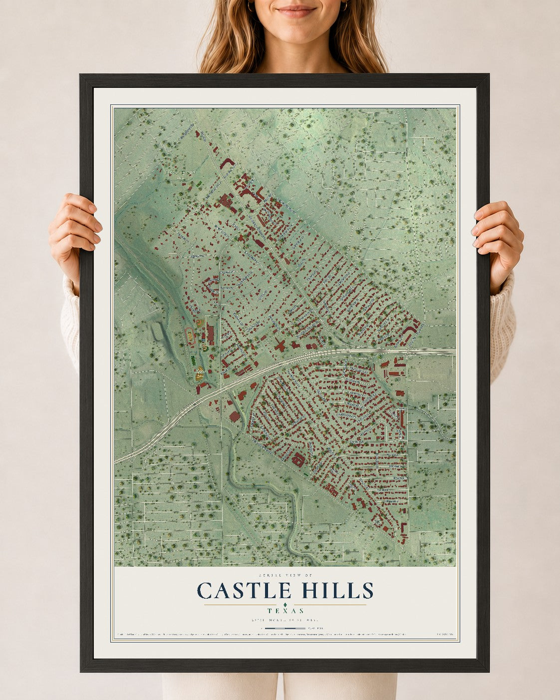 Map of Castle Hills, Texas, 24 x 36 inch print in a black wood frame