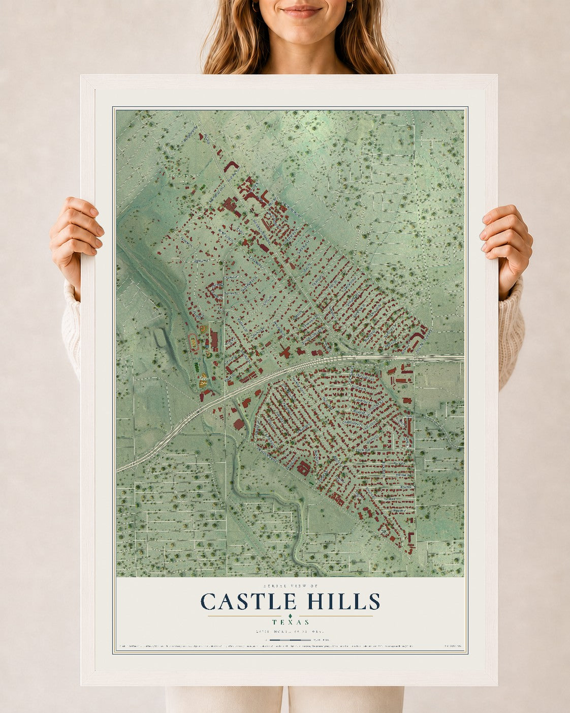 Map of Castle Hills, Texas, 24 x 36 inch print in a white wood frame