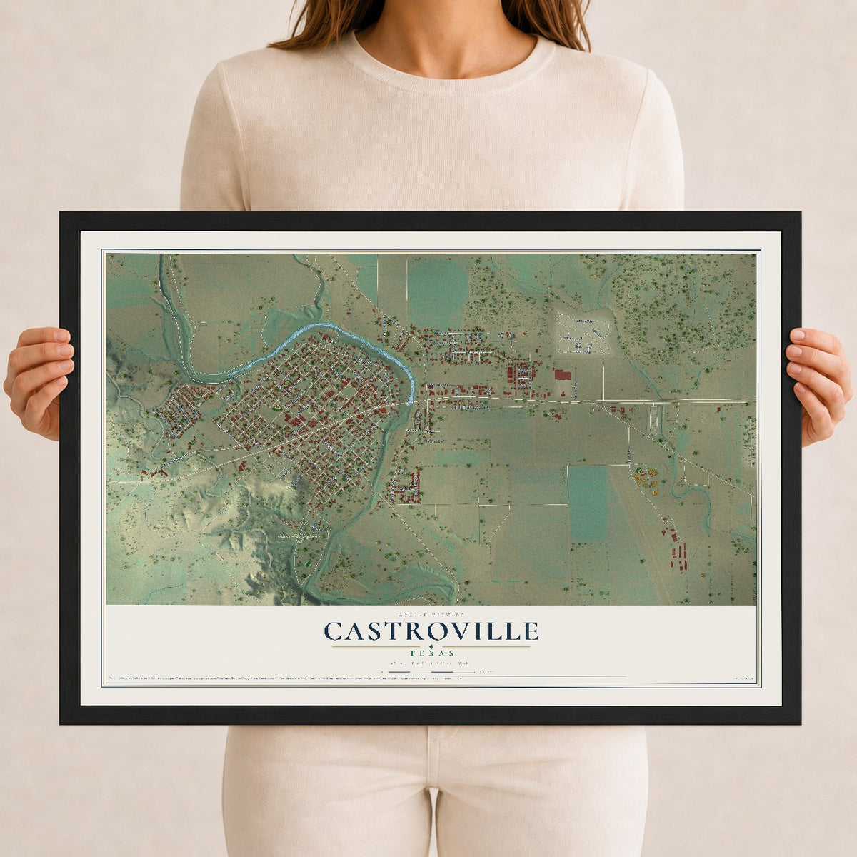 Map of Castroville, Texas, 12 x 18 inch print in a black wood frame