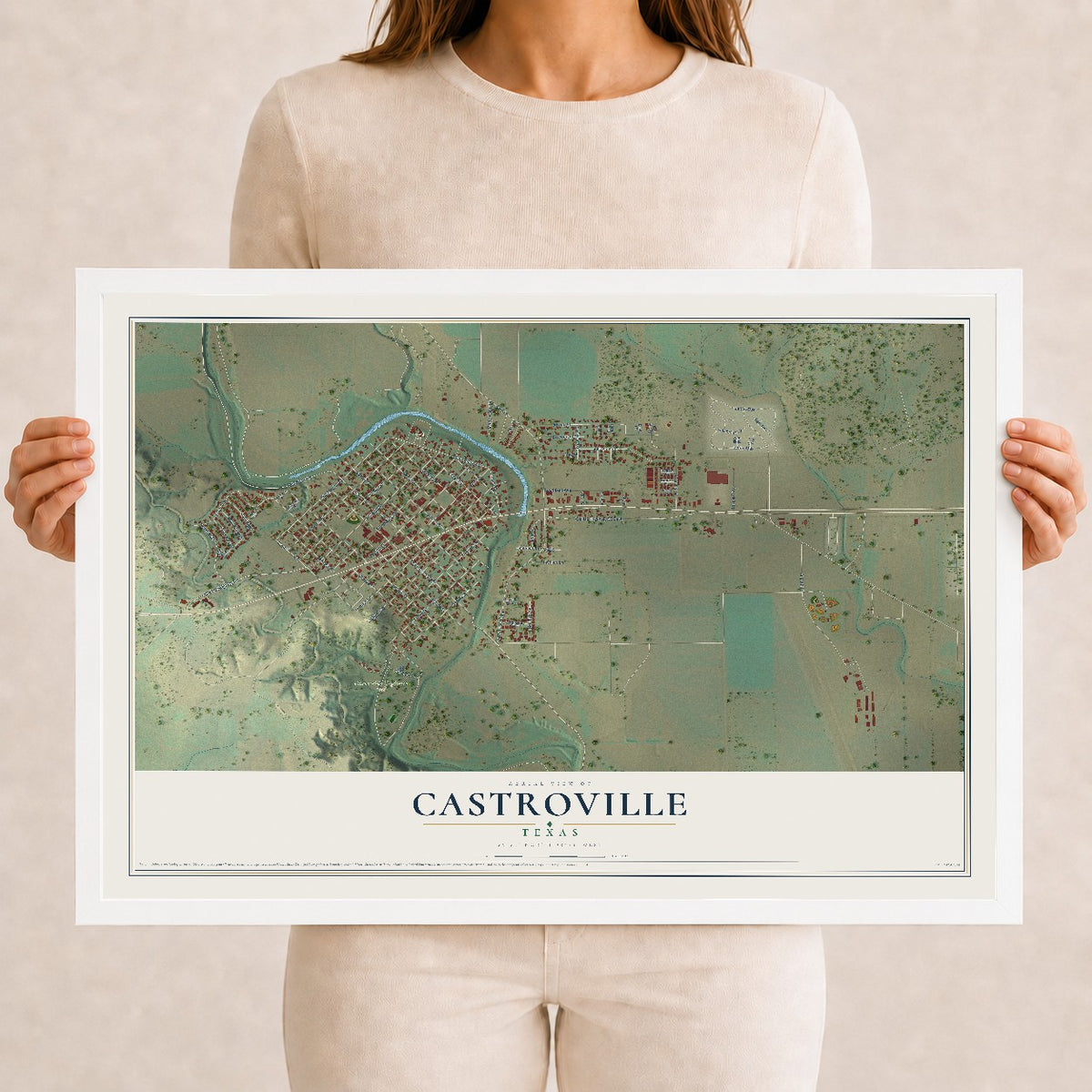 Map of Castroville, Texas, 12 x 18 inch print in a white wood frame