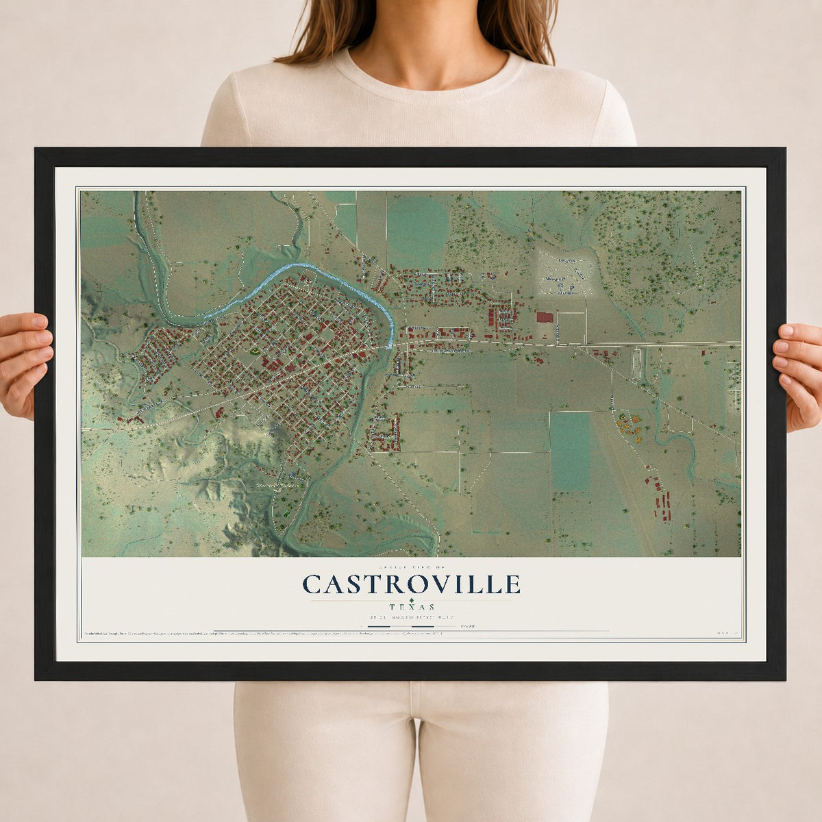 Map of Castroville, Texas, 18 x 24 inch print in a black wood frame