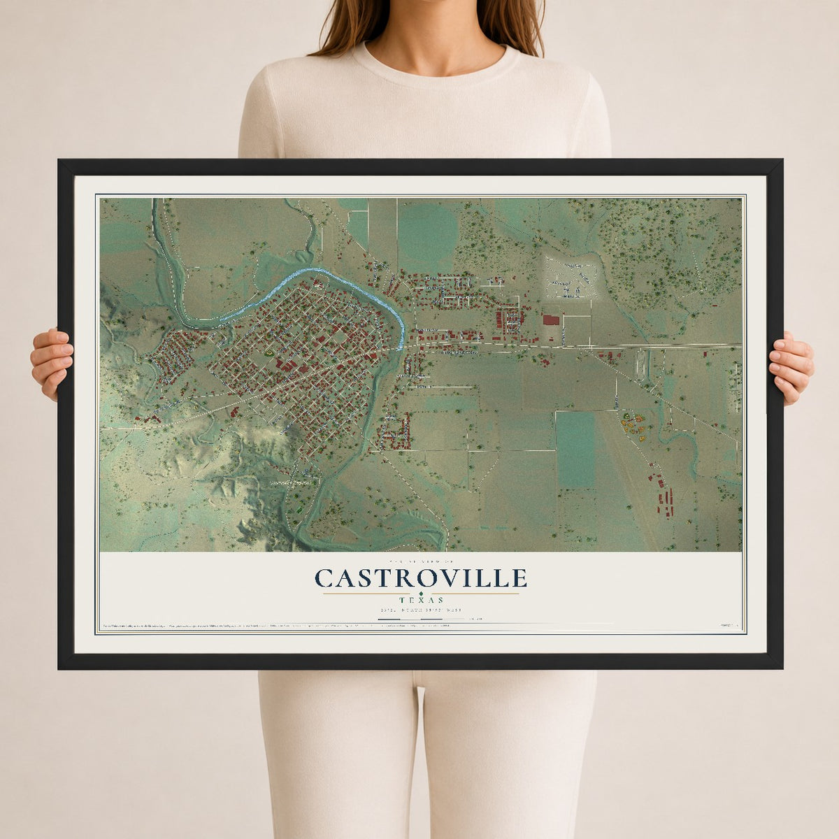 Map of Castroville, Texas, 24 x 36 inch print in a black wood frame