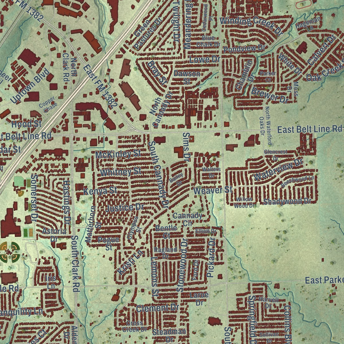 Close-up of the map of Cedar Hill, Texas print showing street and building detail