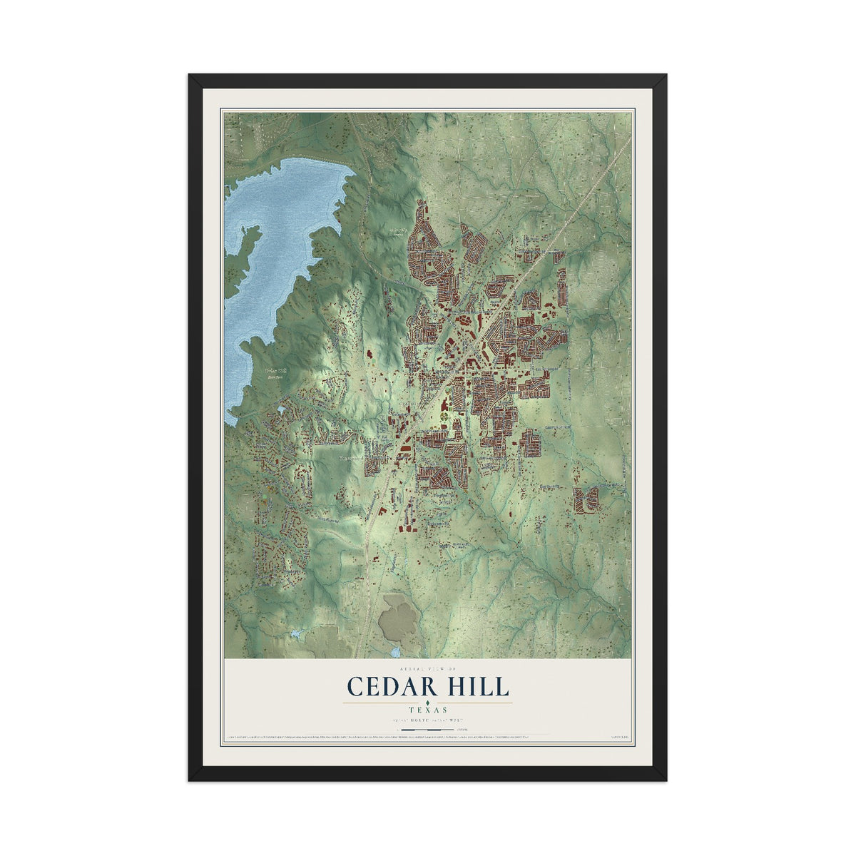 Map of Cedar Hill, Texas, 12 x 18 inch print in a black wood frame