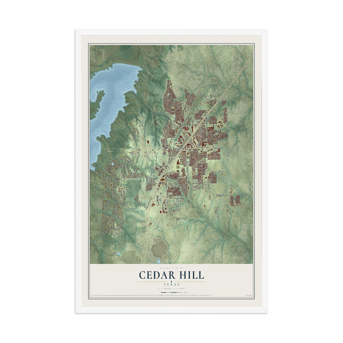 Map of Cedar Hill, Texas, 12 x 18 inch print in a white wood frame