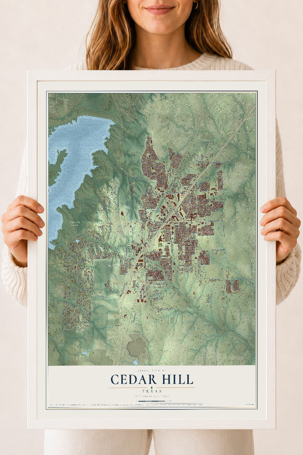 Map of Cedar Hill, Texas, 18 x 24 inch print in a white wood frame