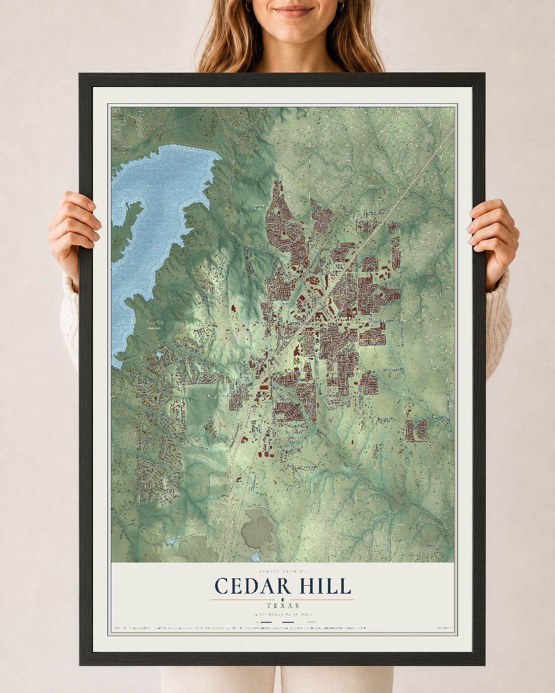 Map of Cedar Hill, Texas, 24 x 36 inch print in a black wood frame