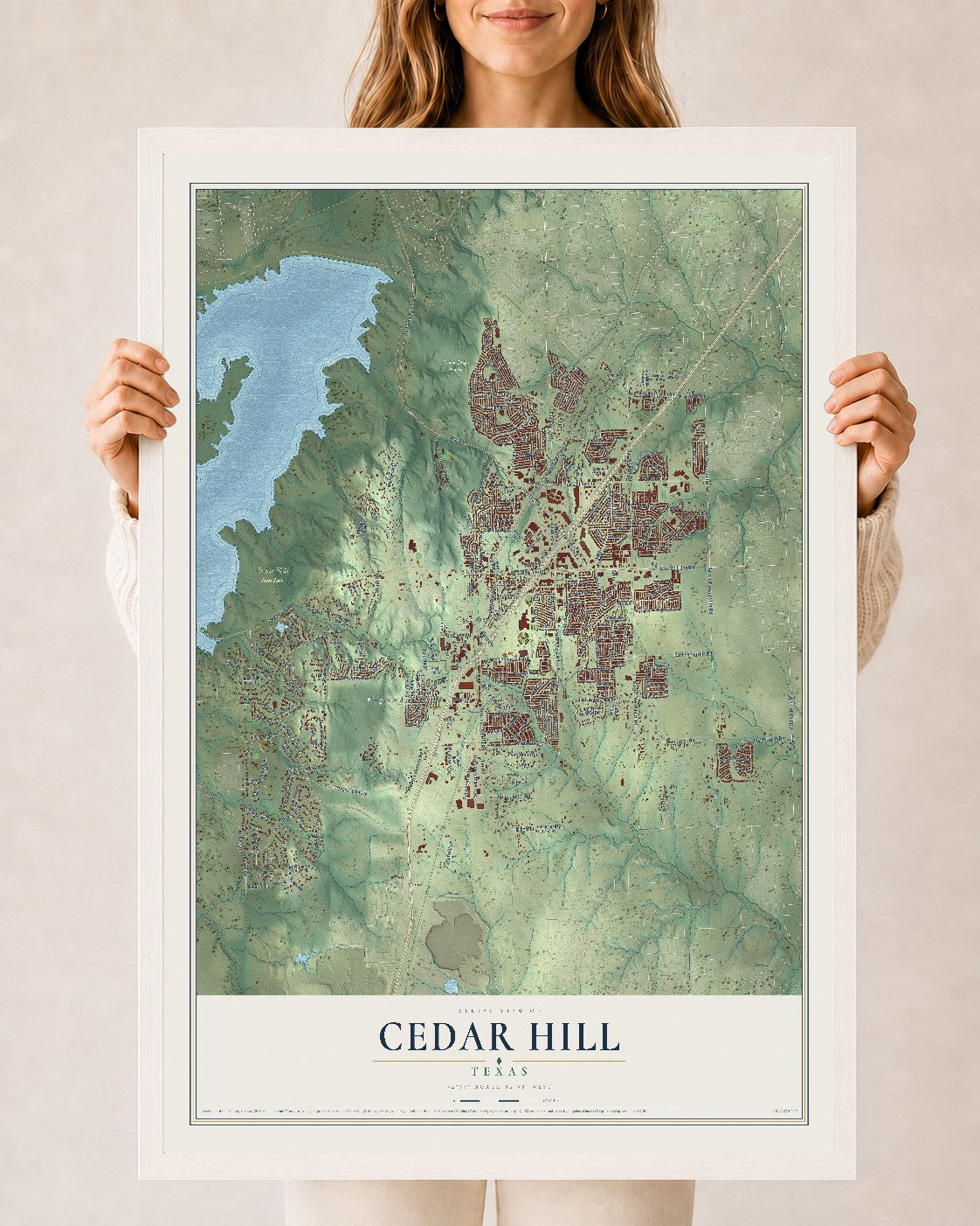 Map of Cedar Hill, Texas, 24 x 36 inch print in a white wood frame