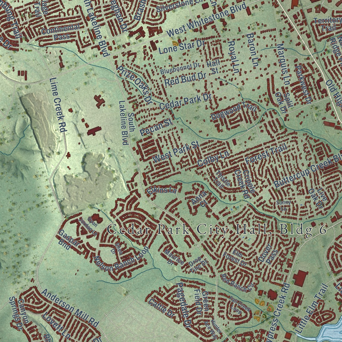 Close-up of the map of Cedar Park, Texas print showing street and building detail