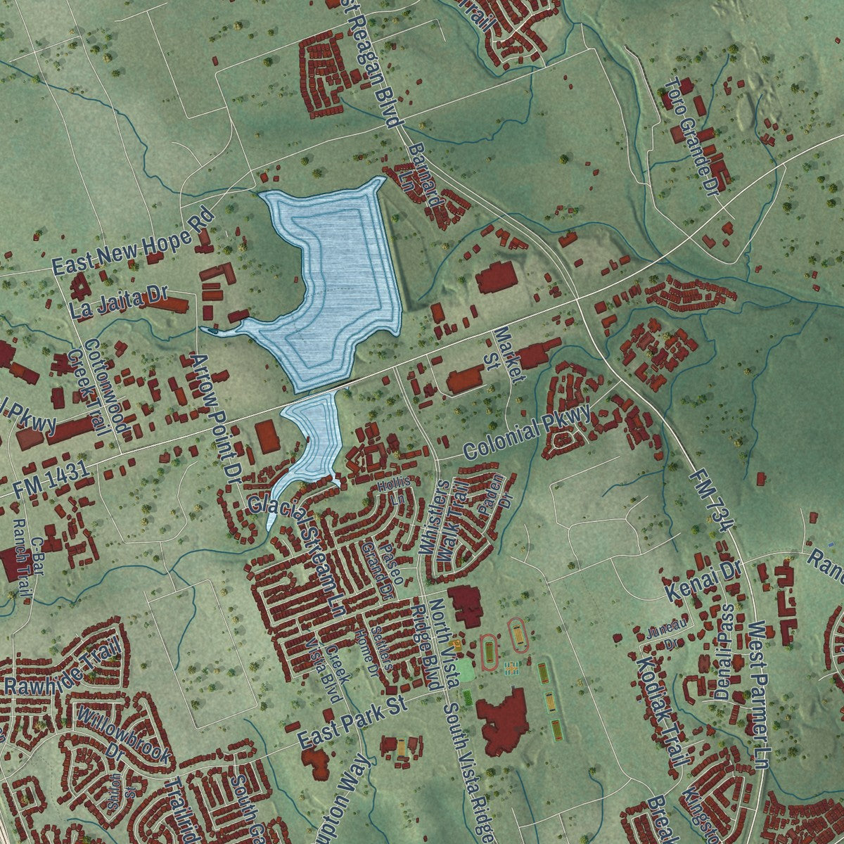 Second close-up of the map of Cedar Park, Texas print showing more streets and buildings