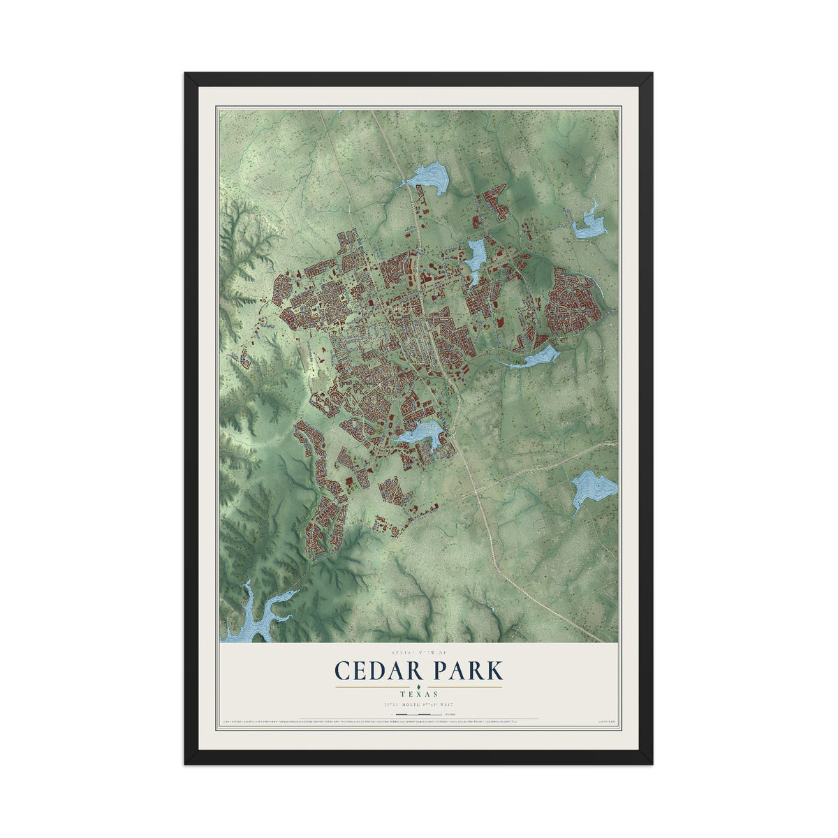 Map of Cedar Park, Texas, 12 x 18 inch print in a black wood frame